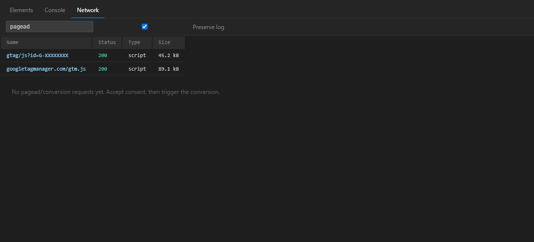 Network tab before consent – empty or only gtag.js, no conversion hits