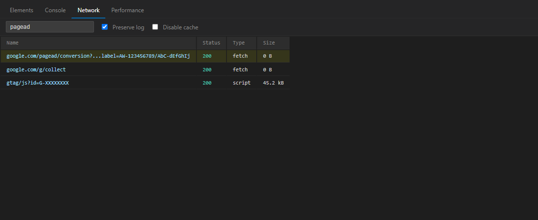 Network tab filtered by pagead showing conversion request in the list