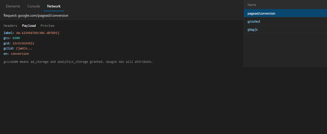 Request Payload tab showing gcs=G100 and label parameters