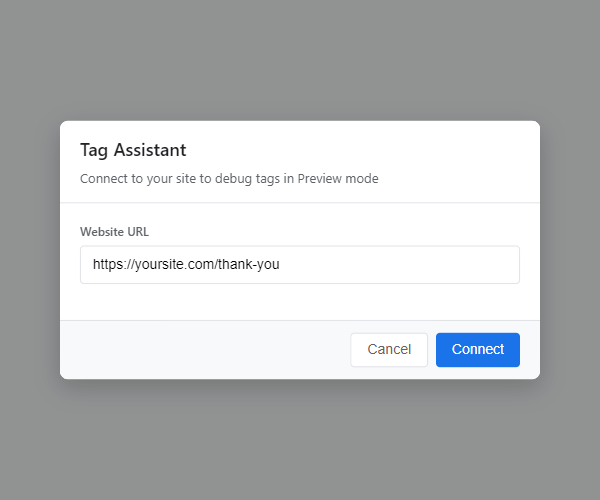GTM Preview dialog with URL field